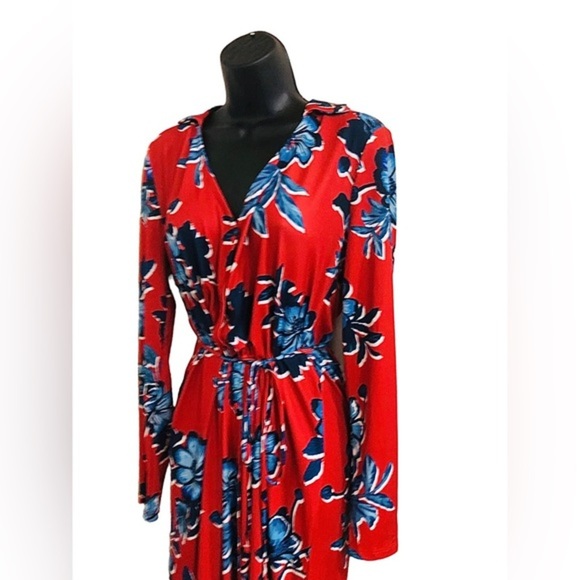 Zara red & blue floral v-neck button front belted‎ midi dress size small new - Picture 10 of 16